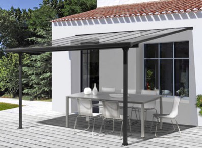 Toit terrasse petite couverture à petit prix adossable contre la façade de la maison en métal
